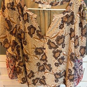 LOFT Sz L Tan and Brown Floral Blouse